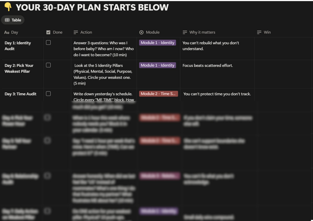 30-Day Action Plan with daily checkboxes
